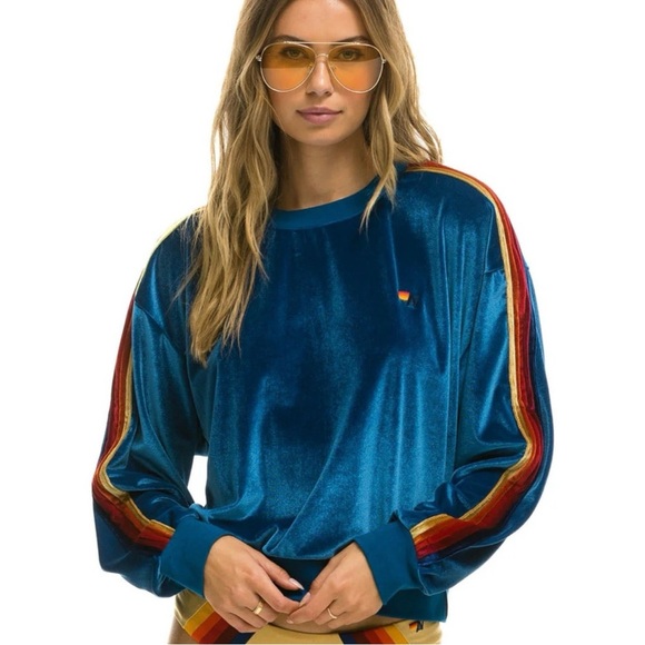 Aviator Nation Blue Classic Velvet Crewneck Sweatshirt Womens Size S